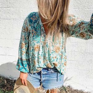 Damenblusen Flordevida Langarm-Damenblusenhemd Blumendruck Boho-Hemden Tops Krawatte V-Ausschnitt Türkis Frühling Sommer