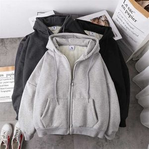 Kvinnors hoodies tröjor Vintermode Varm fast färg Kvinnors tröja koreansk version Löst plus sammet tjock blixtlås Cardigan Topps Hoodies 220926