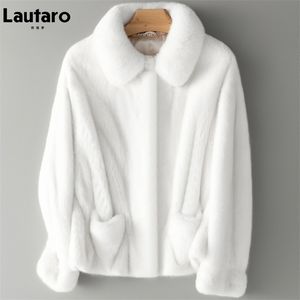 Womens Jackets Lautaro Winter Short White Thick Warm Faux Mink Fur Coat Women Pockets Runway Luxury Fluffy Furry Jacket Korean Fashion 220926