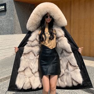 Women s Fur Faux Winter s Parka Jacket with Real Detachable M Liner Mid length Coat Plus Size Streetwear 220926