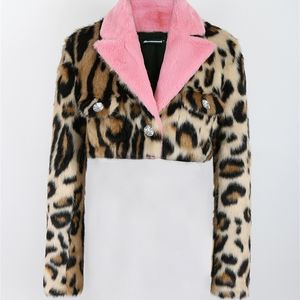 Womens Fur Faux Nerazzurri Autumn Winter Leopard Print Thick Warm Soft Cropped Mink Jacket Blazer Women Long Sleeve with Pink Collar 220927