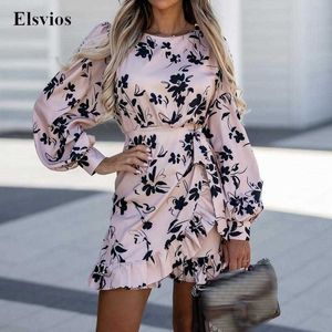 Casual Dresses 2022 Elegant Lantern Sleeve Mini Dress Women Fashion Round Neck Party Dress Casual Lady Side Tinding Ruffle Spring Autumn Dresses T220905