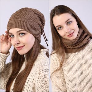 Neue Frauen Stretchy Gestrickte Skullies Mützen Hut Solide Snood Schal Warme Beanie für Womem Herbst Winter Weibliche Kappe