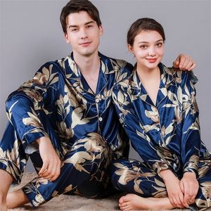 Pijamas de seda de gelo de roupas de sono masculinas para casais primavera ver￣o solto pijama fixo de luxo jacquard pijama pijama de pele suave para homens 220924