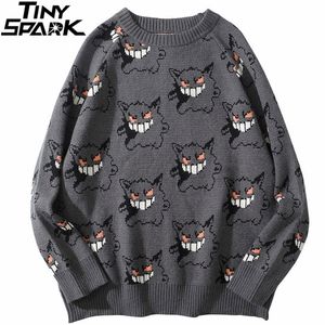 Suéteres masculinos Men tricotaram suéter de hip hop streetwear escuro estilo diabo pulôver harajuku algodão sweater solto pulôver cinza 220926