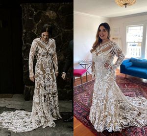 Gorgeous Mermaid 2023 Wedding Dresses Bridal Gown Straps Lace Satin Jewel Neck Long Sleeves Beach Sweep Train Custom Made Vestidos De Novia Plus Size