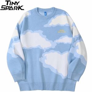 Men's Sweaters Men Hip Hop Streetwear Knitted Sweater Harajuku Cloud Embroidery Letter Pullover Autumn Cotton Casual Sweater Blue Black 220926
