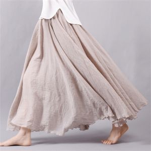 Skirts Women Linen Cotton Long Elastic Waist Pleated Maxi Beach Boho Vintage Summer Faldas Saia 220926