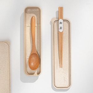 Dinnerware Sets Wooden Cutlery Set Spoon Fork Chopsticks Tableware Portable With Box Cloth Bag Travel Kitchen Accessories