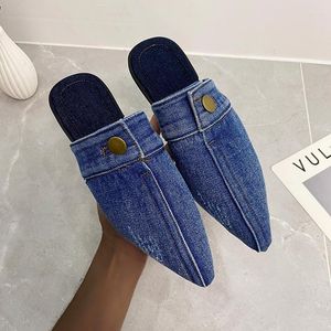 Slippers Womens Pointed Toe Denim Jeans Flat Slipper Slingbacks Shoes Slides Ladies Casual Fashion Mules 2022