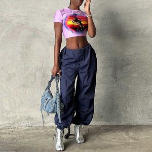 Calças femininas capris mais recente design na moda verão meninas oversized cintura baixa planície cordão solto carga joggers calças mulheres hip hop streetwear outfit t220926