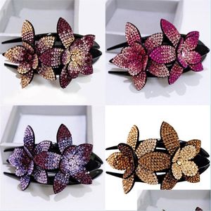 Clipes de cabelo Barrettes Rhinestone Hair Clips Flor Flor Elegante Updo Duckbill Swallow Cail Clip Grace Mulheres Vintage Barrettes Jóias Fash Dhkjs