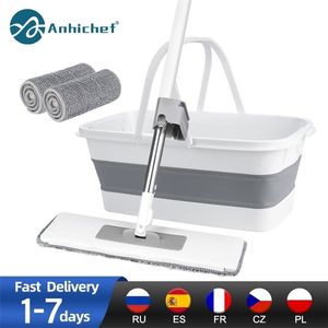 MOPS Flat Squeeze With Folding Bucket Hand Free Washing Microfiber Replacement Pad Automatisk spingolv Hushåll Rengöring 220927