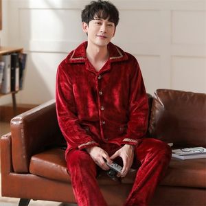 Men's Sleepwear Thicken Flannel Pajamas Men Red Pyjamas Set Long Sleeve Pijama Suit Male Sleep 2PC Loungewear Plus Size 220924