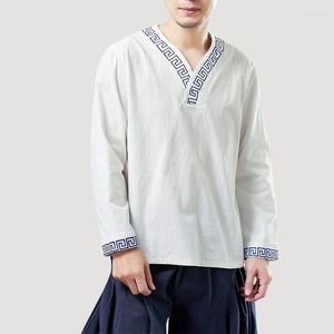 Roupas étnicas de estilo chinês masculino hanfu tops linho de algodão bordado de camiseta branca zen solto casual blush oriental