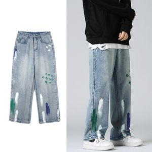 Männer Jeans Trendy Streetwear Männer Graffiti Baggy Casual Gerade Persönlichkeit Männliche Breite Bein Denim Hosen Mode Jugend Hosen 220927