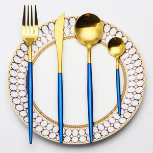 Flatware Sets 1 Box 16pcs With Wooden Stainless Steel Plating Gold Blue Black Knife Fork Tableware White Europ Western Set