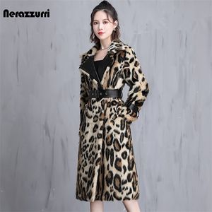 Womens Jackets Nerazzurri Winter Long Leopard Print Warm Fluffy Faux Fur Coat Women with Leather Belt Runway Luxury Europen Style Fashion 220926