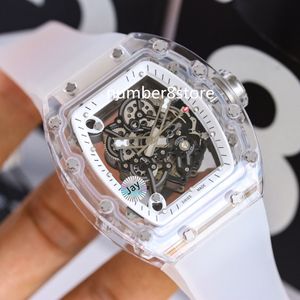 Kristalltransparente Tonneau-Herrenuhr, Schweizer Automatikwerk, ausgehöhltes Zifferblatt, Saphirglas, klassische Luxus-Armbanduhr, 2 Farben