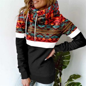 Kvinnors hoodies tröjor kvinnors geometriska mönster varm halsduk hals hoodie pullover vintage västerländsk etnisk stil aztec tryck dragstring huvtröja 220926