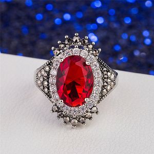 Vintage Red Blue Rhinestone Adjustable Engagement Ring Women Crystal Luxury Retro Copper Plated Thai Silver Finger Jewelry Female Wedding Accessory