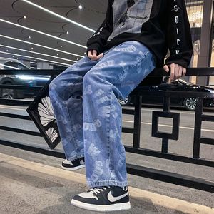 Men's Jeans Spring Letter Print Blue Baggy Men Trendy Korean Style Denim Wide Leg Pants Male Straight Trousers 220927