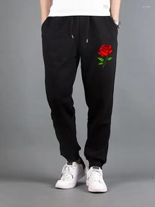 Pantalones para hombre 2022, pantalones informales para hombre, forro polar grueso con estampado de rosas rojas, talla grande para correr, deportes de Fitness