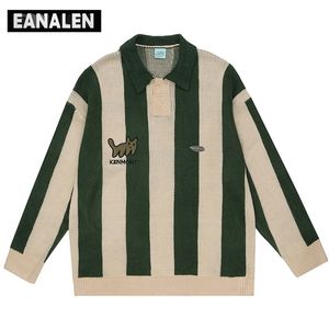 Men's Sweaters Harajuku Vintage Striped Lapel Knit Oversized Thick Jumper Grandpa Ugly Women's Y2K 220926