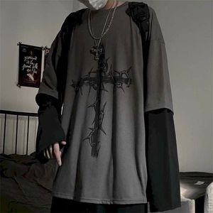 Men's Cross of Thorns oversized t shirt men and Women's Fake Two-Piece Set - Dark Hip-Hop Loose Fit, Large Size, Autumn Trend Top ( Simplicity 220926)