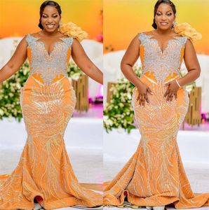 Aso 2022 Arabic Ebi Mermaid Orange Prom Dresses Beaded Crystals Lace Evening Formal Party Second Reception Birthday Engagement Gowns Dress ZJ897