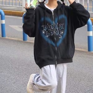 Bluzy bluzy damskie Y2K Zip-up-up z kapturem Kobiet Graffiti Heart Letter Drukuj Bluza Hip Hop Streetwear Autumn Harajuku Gauzed z kapturem Kawaii 220926