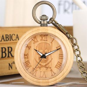 Карманные часы, римские цифры пиратский череп, вырезанный бамбук, деревянные кварцевые часы, открытые лица натуральные ретро -деревянные подвесные часы бронзовая цепь