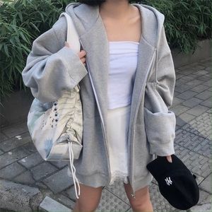 Kadın Hoodies Sweatshirts Kadın Hoodies Harajuku Kore sürümü Sıradan Katı Zip Kapşonlu Ceket Retro Uzun Kollu Polar Büyük Boy