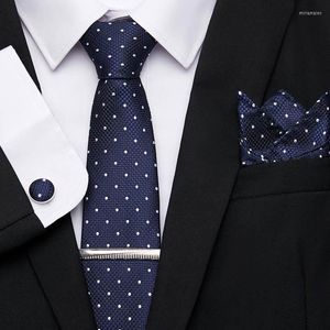 Bow Ties Erkekler Mavi Şerit/Nokta Kabı Jakard Dokuma İpek Kelepçeler Tie Clip Mendil Set Hediye Men Aksesuarları