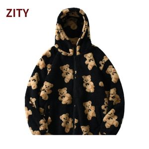 Kvinnors hoodies tröjor zity tecknad björn fleece hooded jackor kvinnor avslappnad hoodie kvinnlig zip upp tröja nallrock varma hoodies par kläder 220926