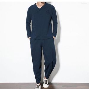 Men's Tracksuits Men's Plain Color Mens Sets T Shirts Pants Plus Size 5XL 4XL Long Sleeve Linen Top Men Clothes 2022 Set Vintage Male