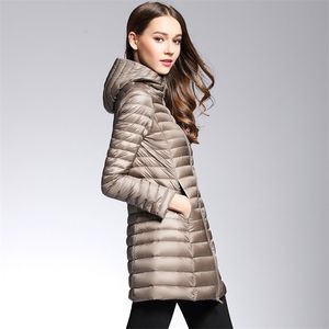 Women's Down Parkas Woman Spring Padded Hooded Long Jacket White Duck Down Female Overcoat Ultra Light Slim Solid Jackets Coat Portable Parkas 220926