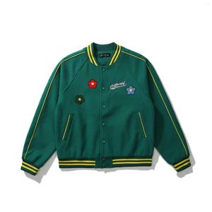 Men's Jackets Hip Hop Baseball Bomber Jacket Streetwear Vintage Embroidered Flower Letter Varsity Coats Mens Autumn Green