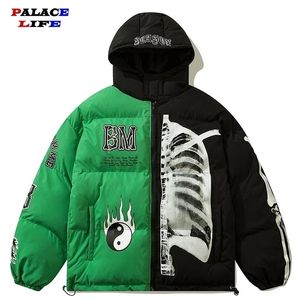 Mens Down Parka Mens Winter Parka Jacket Yin Yang Skeleton Print Streetwear Capispalla Harajuku Giacca imbottita con cappuccio Cappotto caldo allentato Unisex 220927