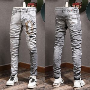 Blue Jeans Mens Patchwork Patches Stitch Detalhe danos elásticos de dano jeans Rapped Effect Cowboy Troushers Bib9