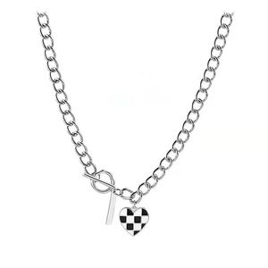 Punk Titanium Steel Geometric Checkerboard Heart Necklace Sweater Chain Female Jewelry