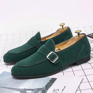 Elegant Loafers Men D1932 Shoes Solid Color Faux Suede Round Head Belt Buckle One Pedal Business Casual Wedding Nightclub Party Daily Ad263