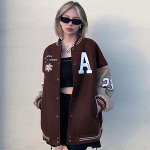 Women's Jackets HOUZHOU Vintage Brown Jacket Women Baseball Bomber Female Harajuku Grunge Punk Retro Clothing Streetwear Outwear Goth