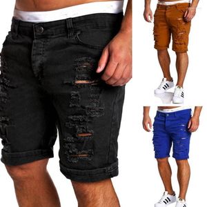 Men's Jeans Wholesale- Black Ripped Men Short Biker Denim Summer Casual Slim Fit Water Washed Cotton Straight Jeans1