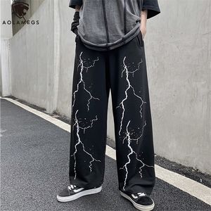Herrsp￥rar Aolamegs Lightning Skeleton Print Gothic Pants M￤n Lose Casual Wide Leg Trousers High Street Cool Sweatpants Par Streetwear 220926