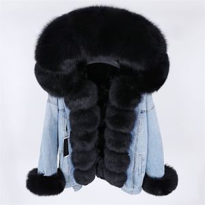 Women S Fur Faux Maomaokong Winter Denim سترة مع طوق فراء كبير مصنوع من أرنب دافئ وقابل للإزالة طبيعية قابلة للإزالة.