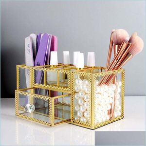 Bathroom Storage Organization Glass Makeup Organizer Cosmetic With Golden Ered Edge Pencil Box Per Tools Lipstick Drop Delivery 2021 Dhy6O