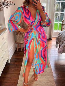 Casual Dresses Sexig tie-up wrap split robe party klänning kvinnor elegant färgglada tryck boho strandklänning lady mode långärmad lapel skjorta klänning t220905