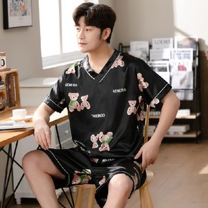 M￤ns s￶mnkl￤der Silk Pyjamas upps￤ttningar f￶r m￤n Summer Short Sleeve Vneck Satin Korean Casual Sleepwear Suit Manlig Tecknad film 2st hemkl￤der 220924