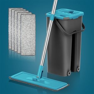 Mops Floor With Bucket Lazy Squezze Free Hand Magic Cleaning Microfiber Flexible Rags Kitchen Household Wringing Tools 220927